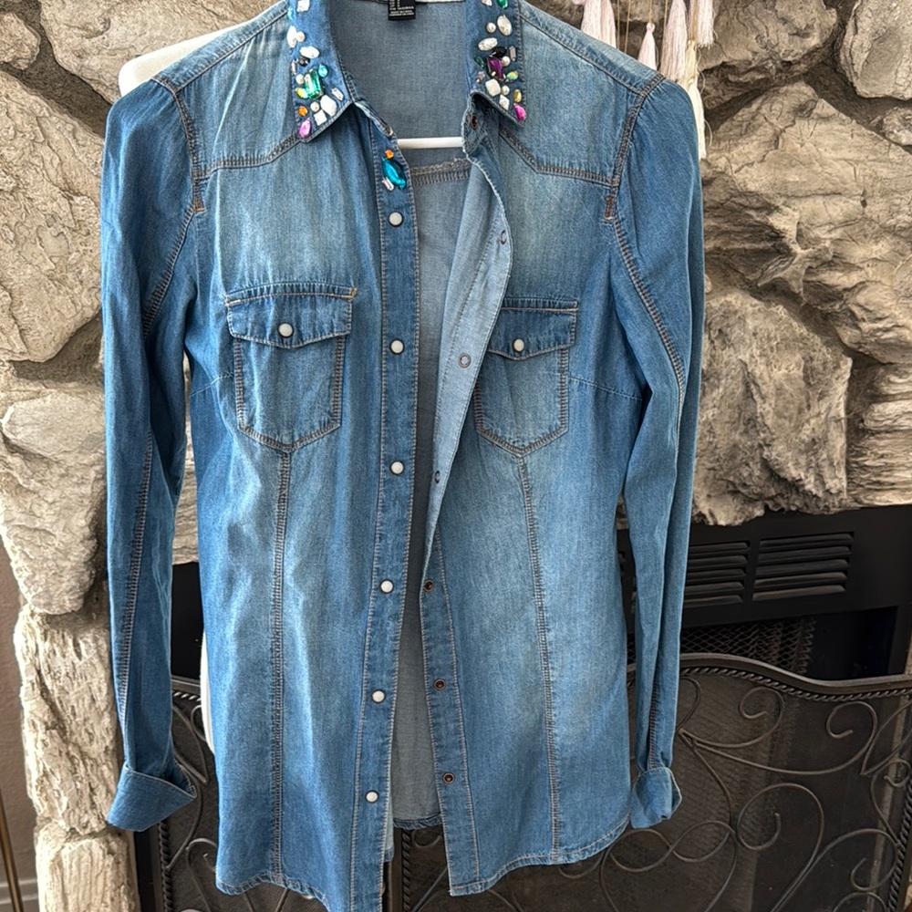 Forever 21 Denim Button Down Shirt with Embellished Collar
